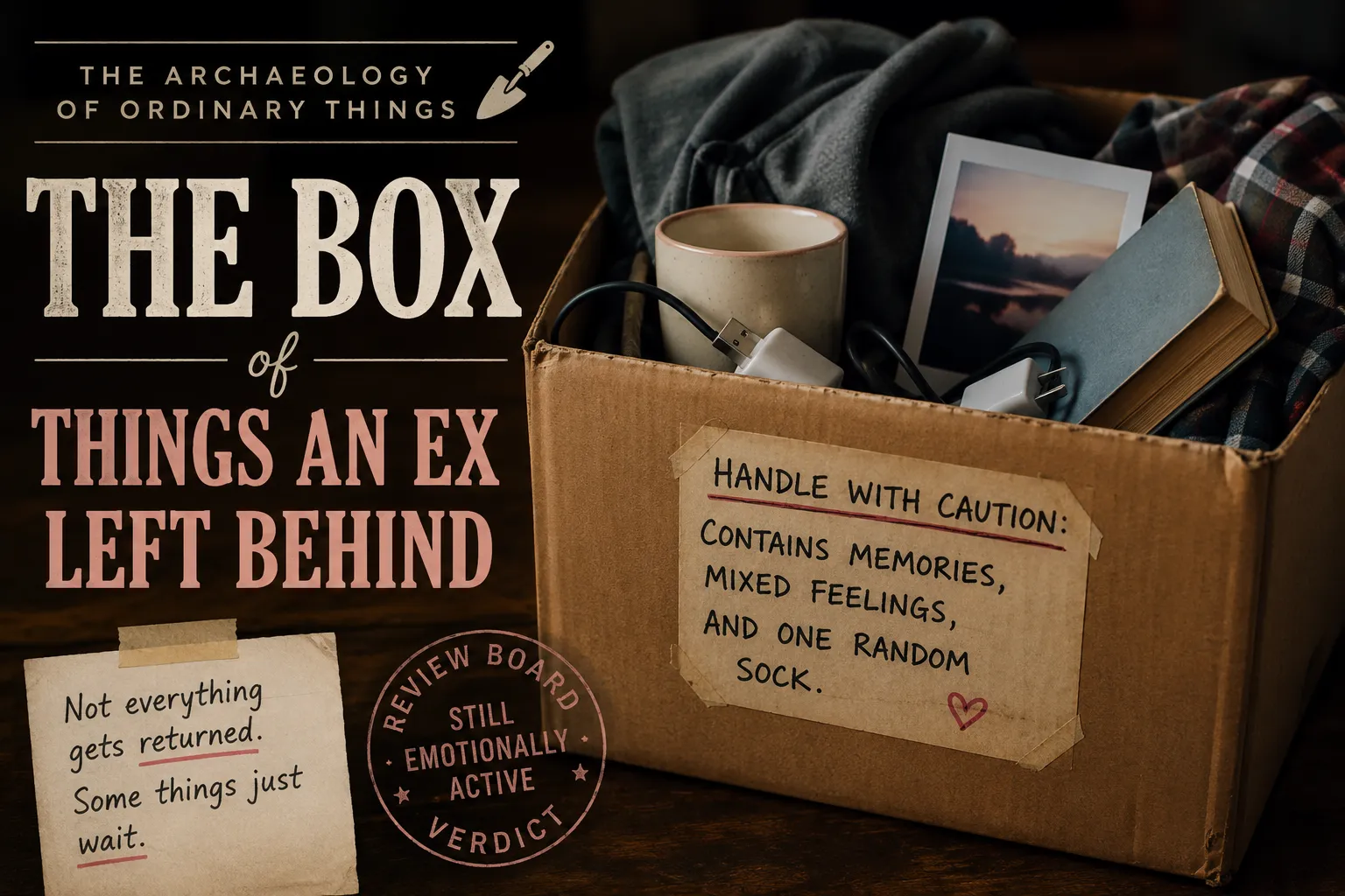 A cardboard box filled with clothing, a mug, books, chargers, and a photograph, with the title “The Box of Things an Ex Left Behind.”