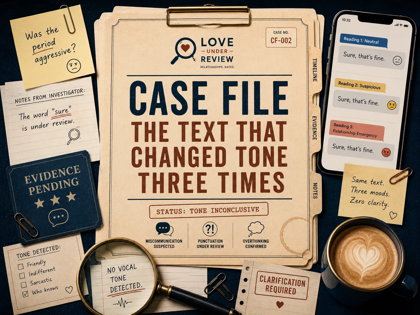 Stylized Love Under Review case file investigating the text “Sure, that’s fine,” shown with three different tone interpretations and a tone-inconclusive status.