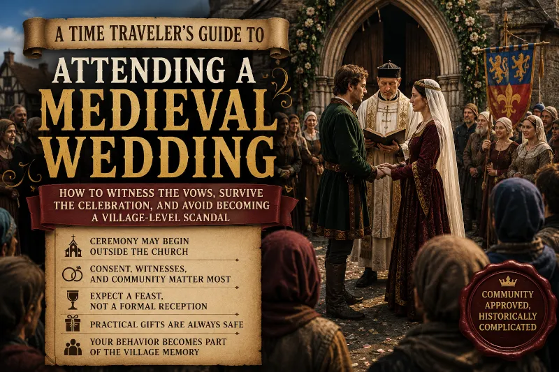 Illustrated medieval wedding ceremony outside a stone church with a bride, groom, priest, gathered villagers, and the title “A Time Traveler’s Guide to Attending a Medieval Wedding.”